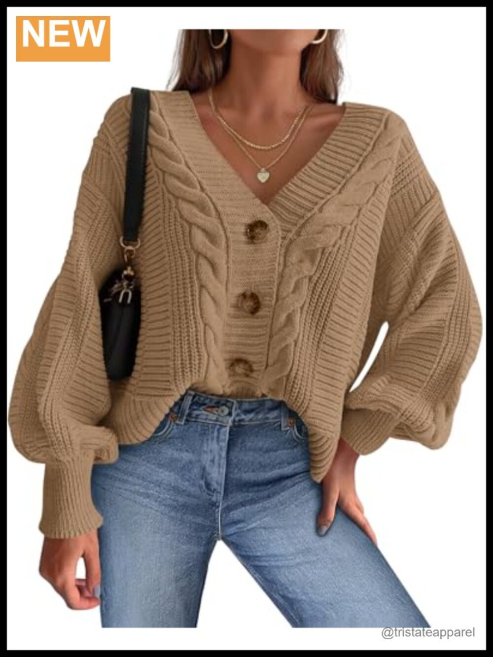 Women's V Neck Chunky Cable Knit Cardigan Sweater Long Sleeve Button Front